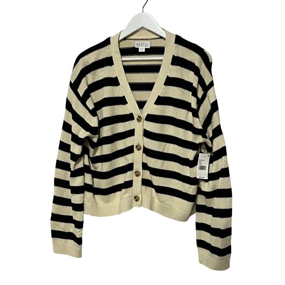 VELVET GRAHAM SPENCER WMNS LARGE ELODIE STRIPE CARDIGAN SWEATER BLACK CREAM NEW - Picture 5 of 14